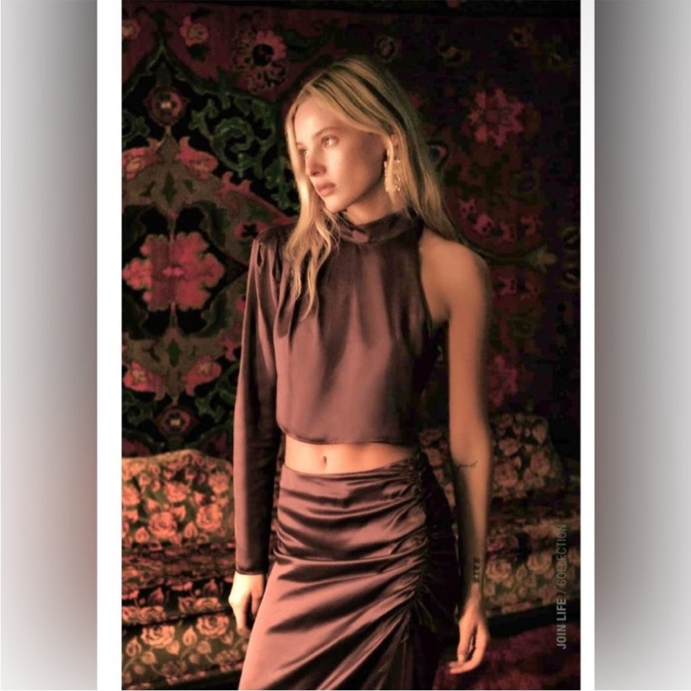 Zara Brown one shoulder silk blouse